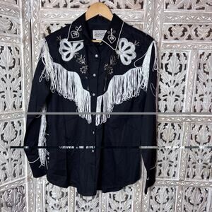 Rockmount Ranch Wear Black Embroidery Western Fringe Pearl Snap Shirt SZ XL